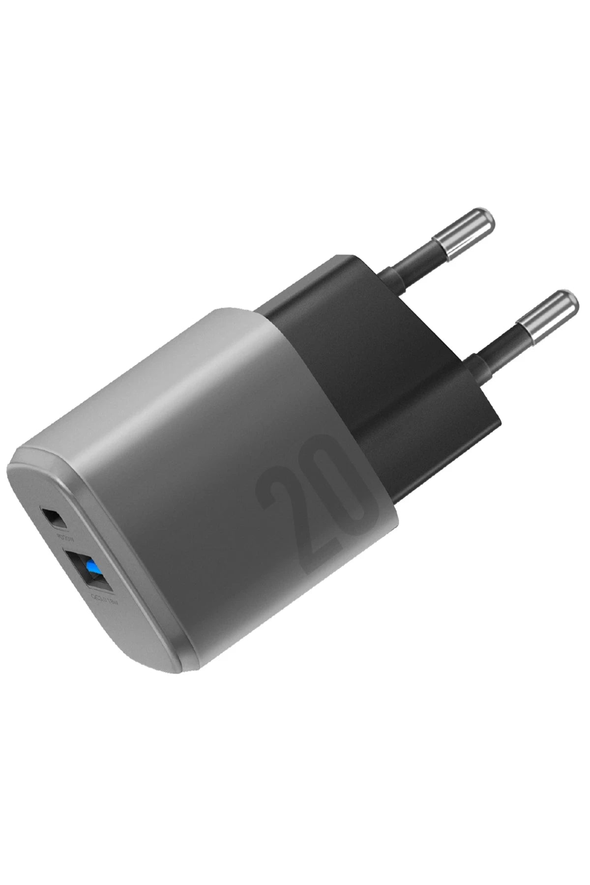 Energea AmpCharge GaN20 20W Type-C ve 18W USB 3.0 Çıkışlı Hızlı Şarj Aleti - Koyu Gri