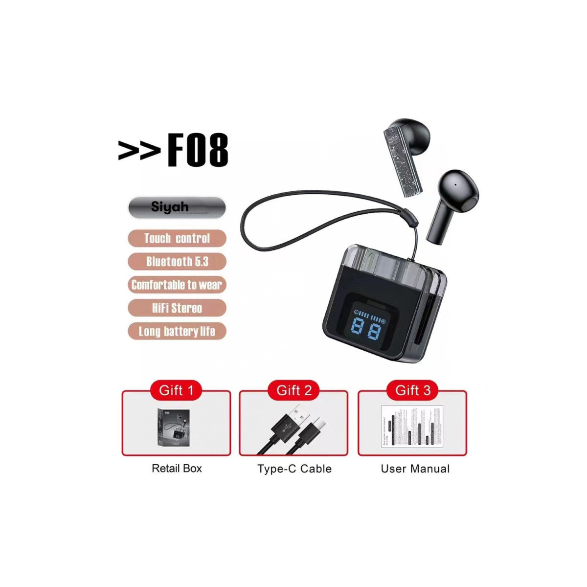 Karler Bass F08 Dijital Şarj Göstergeli TWS Bluetooth Kulaklık
