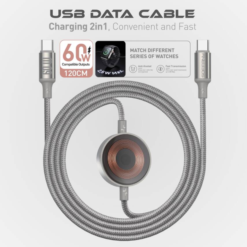 HM-260 60W USB-C hızlı şarj ve Apple Watch Uyumlu Manyetik Şarj Kablosu