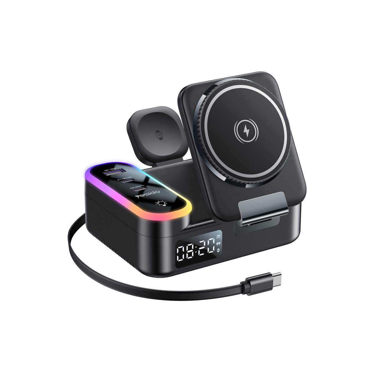 Yesido DS38 8in1 Katlanabilir Dijital Saat Göstergeli 65W Kablosuz Şarj Destekli Masaüstü Kablosuz Şarj Standı