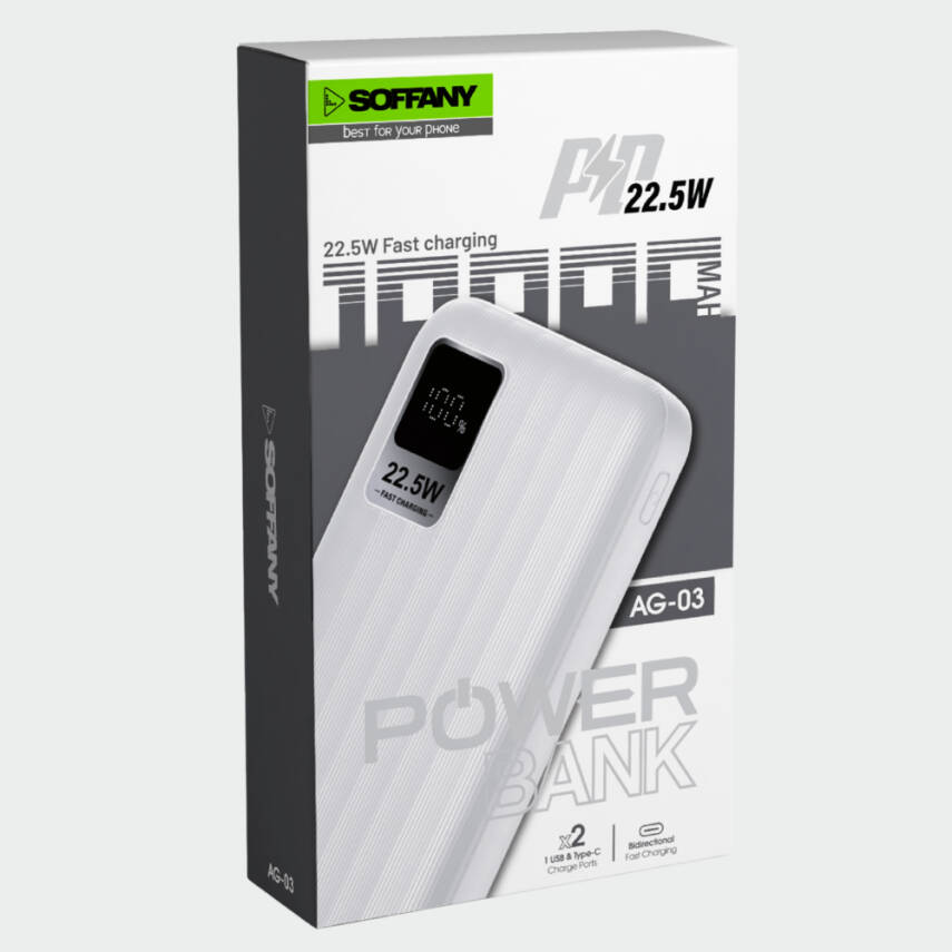 AG03-001 10.000 mAh P.Bank 22.5W / 2 Type-C + 1 USB Çıkışlı Beyaz