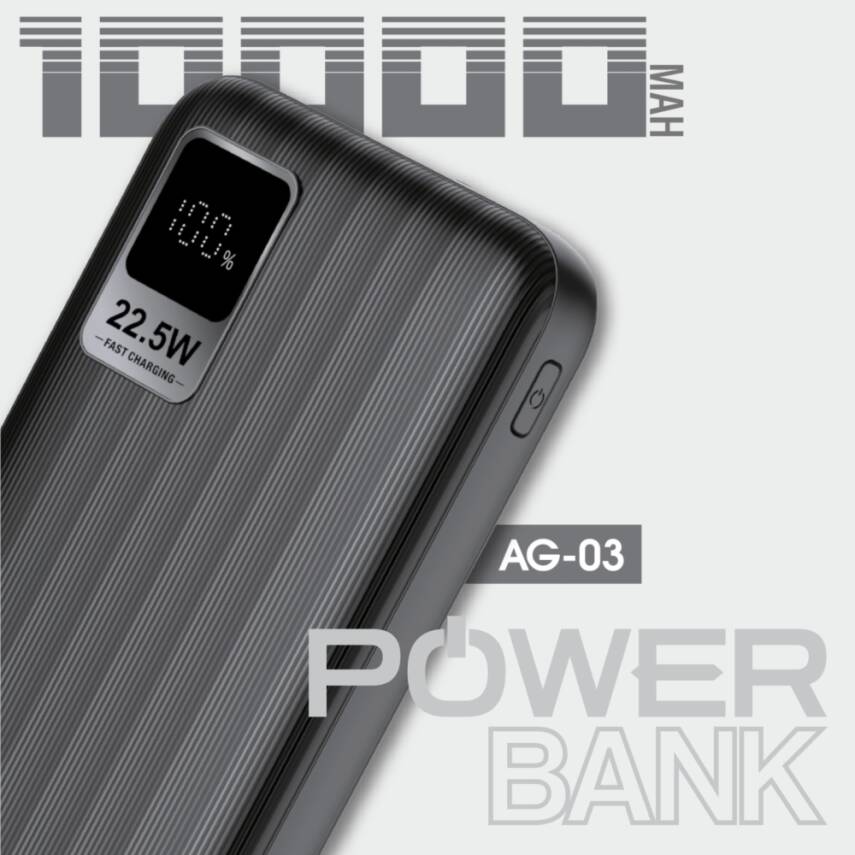 AG03-002 10.000 mAh P.Bank 22.5W / 2 Type-C + 1 USB Çıkışlı Siyah