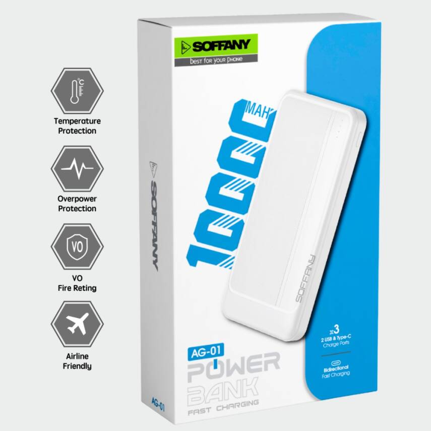 AG01-001 10.000 mAh P.Bank / 2 Type-C + 1 USB Girişli Beyaz