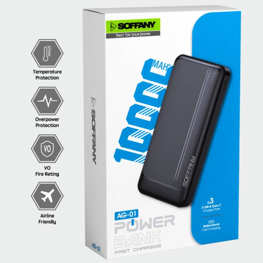 AG01-002 10.000 mAh P.Bank / 2 Type-C + 1 USB Girişli Siyah