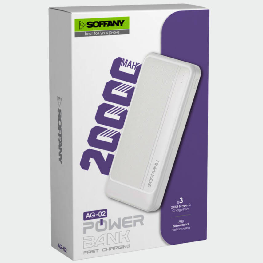 AG02-001 20.000 mAh P.Bank  / 2 Type-C + 1 USB Çıkışlı Beyaz
