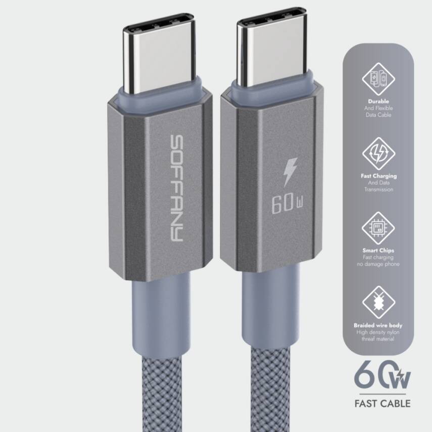 HM560-012 60W  Type-C to Type-C Şarj & Data Kablosu Gri