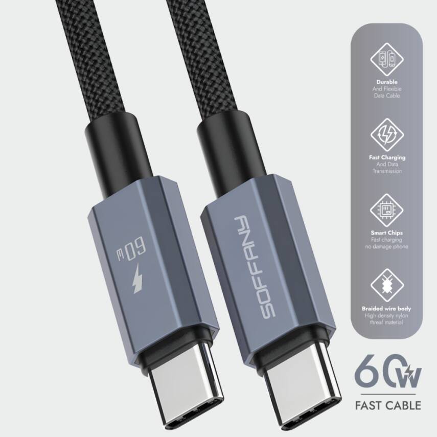HM560-002 60W  Type-C to Type-C Şarj & Data Kablosu Siyah