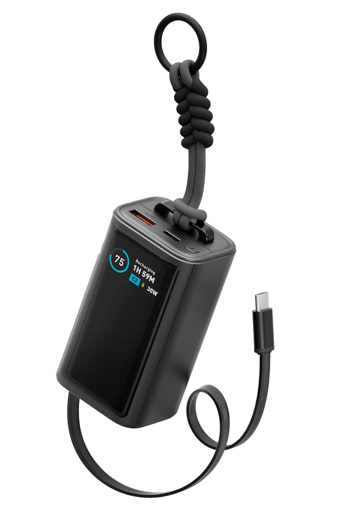 Energea ComPac Arc 45 Dijital Göstergeli 10.000 mAh Dahili Type-C Kablolu 45W Şarj Çıkışlı PD Hızlı Şarj Powerbank - Siyah