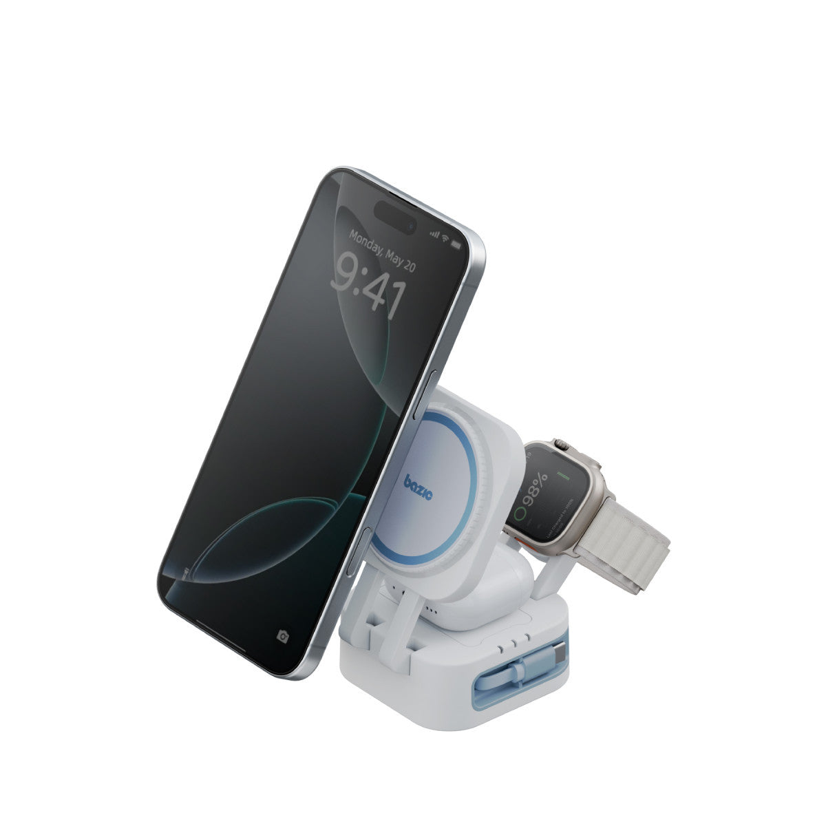 Energea X Bazic GoMag Station Mini 3in1 Katlanabilir 80cm Dahili Kablolu 15W Telefon Saat Masaüstü Hızlı Şarj Standı