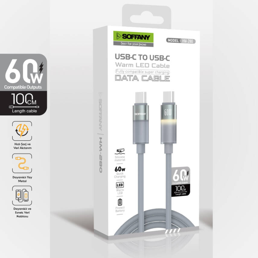 HM-280-012 USB-C to USB-C 60W Warm LED Şarj ve Data Kablosu – 1 Metre
