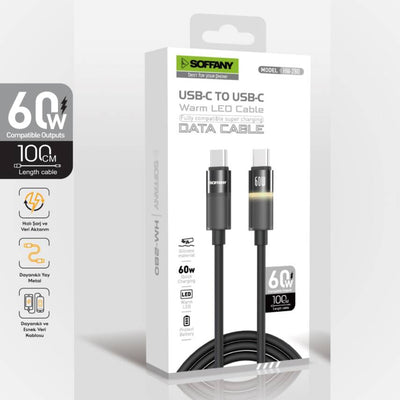 HM-280-02 USB-C to USB-C 60W Warm LED Şarj ve Data Kablosu – 1 Metre