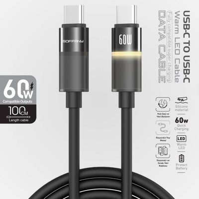 HM-280-02 USB-C to USB-C 60W Warm LED Şarj ve Data Kablosu – 1 Metre