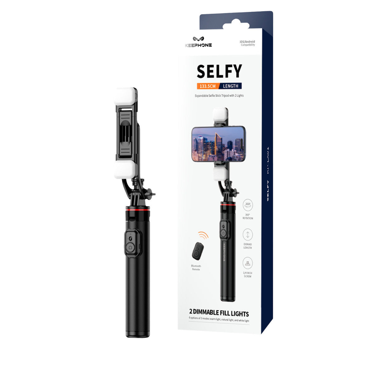 Keephone KP-LA01 Selfy 360 Derece Ayarlanabilir Led Işıklı 133.5cm BT Selfie Çubuğu
