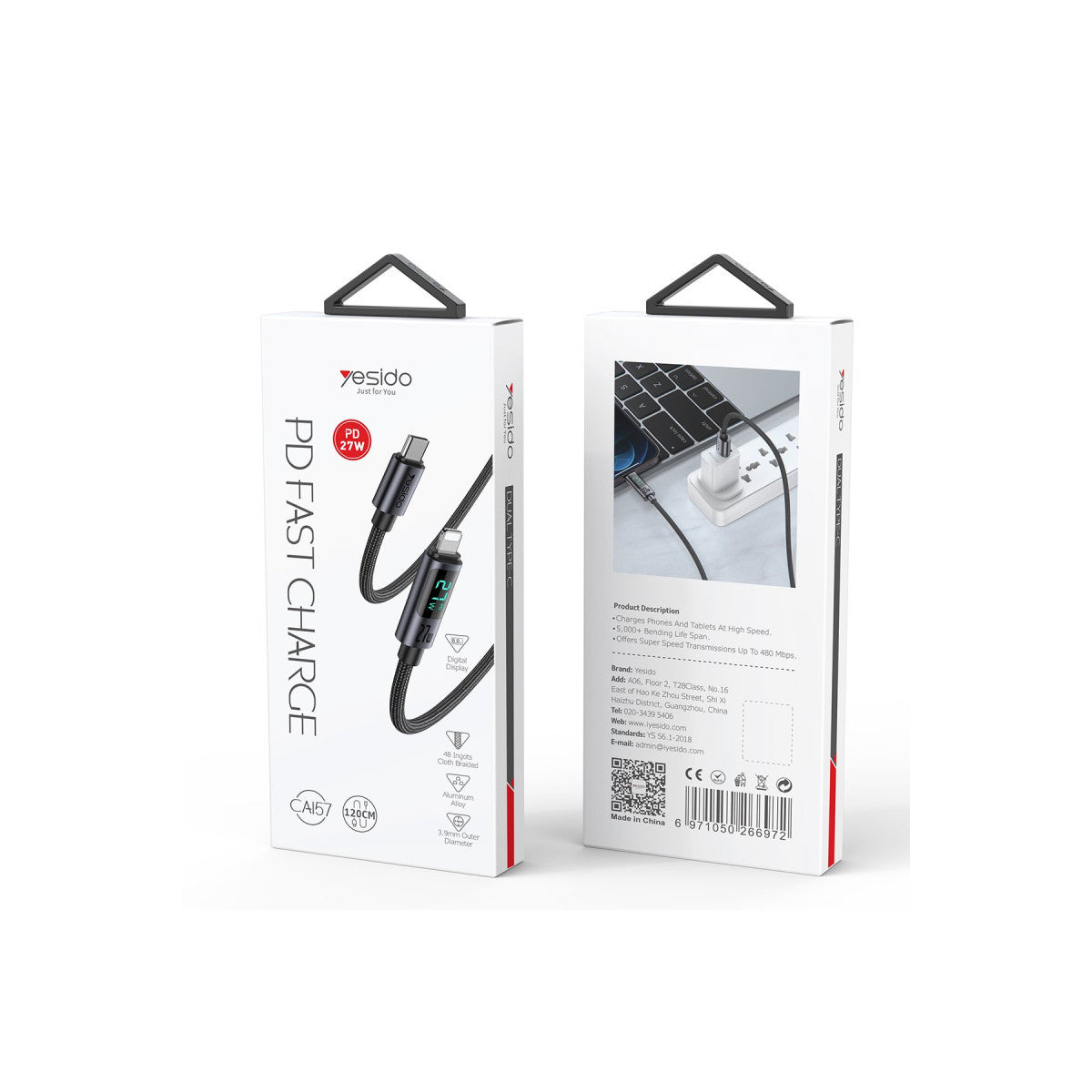 Yesido CA157 1.2M 27W Dijital Göstergeli Hasırlı Type-C to Lightning PD Hızlı Şarj Kablosu