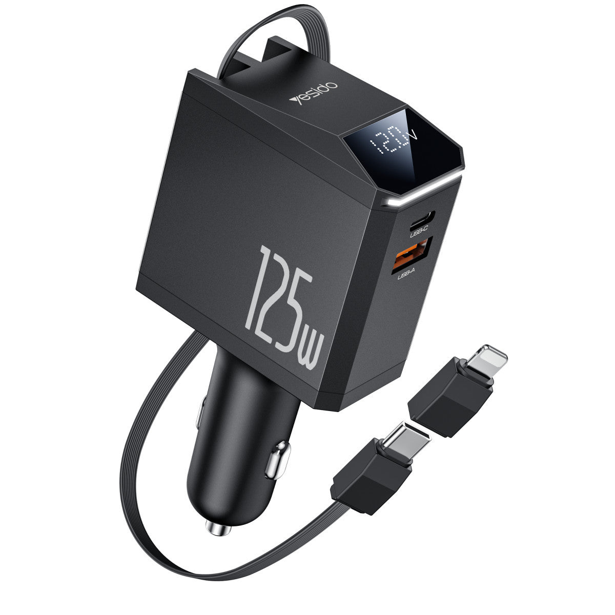 Yesido Y71 Dijital Göstergeli 1 Adet 30W Type-C ve 1 Adet 30W USB Çıkışlı Ekstra 65W Destekli Type-C Dahili Kablolu 125W Araç Şarj Aleti