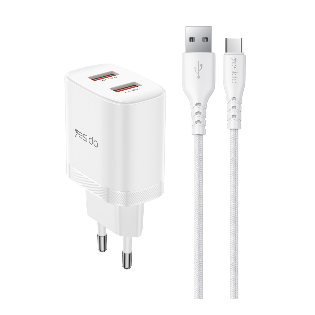 Yesido YC104 2.4A Çift USB-A Çıkışlı 1M USB-A to Type-C Kablolu Şarj Cihazı