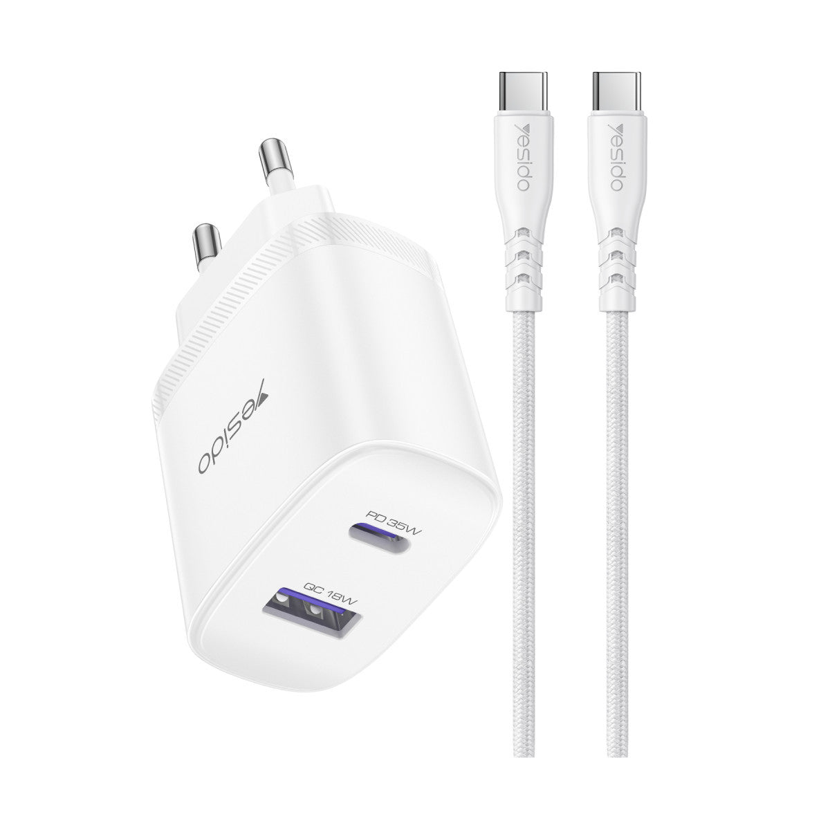 Yesido YC108 35W USB-A ve Type-C Çıkışlı ve 1M Type-C to Type-C Kablolu PD Şarj Cihazı