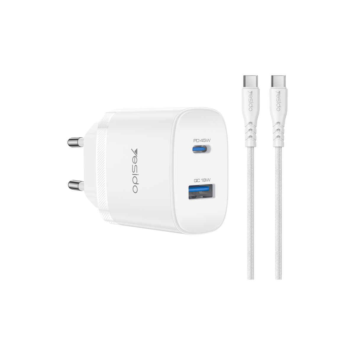 Yesido YC110 45W USB-A ve Type-C Çıkışlı 1M Type-C to Type-C Kablolu PD Hızlı Şarj Cihazı - kılıfxpremium