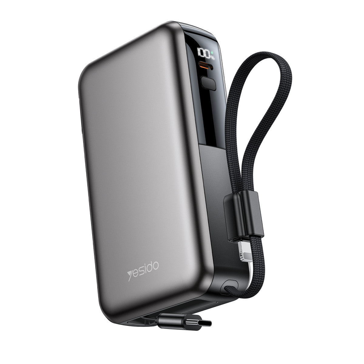 Yesido YP90E Dijital Göstergeli 10.000 mAh 22.5W PD Hızlı Şarj Destekli Makaralı Type C ve Lightning Kablolu 5in1 Powerbank